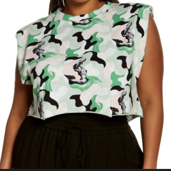 NWT Camo Crop Top Muscle LARGE OPEN EDIT Green Pink Strong Shoulder Abstract - Picture 1 of 10